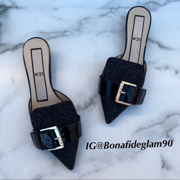 No. 21 women’s black glitter pointed buckle mules slides sandal size 35 US 5 - Picture 14 of 15